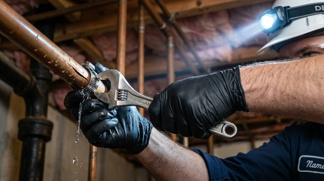 Emergency pipe clamp repair being performed by a Johns Plumbing LLC plumber in Heber City