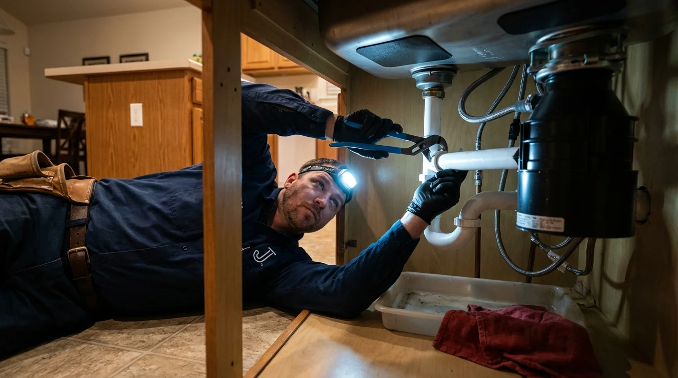 P-trap and supply line connections under a kitchen sink showing a common leak point in Heber City, UT